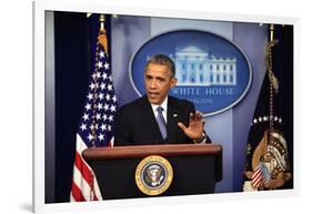 President Barack Obama at a News Conference, Brady Press Briefing Room-Dennis Brack-Framed Photographic Print