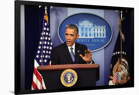 President Barack Obama at a News Conference, Brady Press Briefing Room-Dennis Brack-Framed Photographic Print