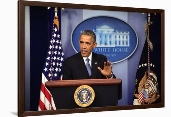 President Barack Obama at a News Conference, Brady Press Briefing Room-Dennis Brack-Framed Premium Photographic Print