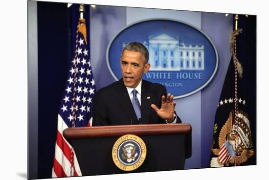 President Barack Obama at a News Conference, Brady Press Briefing Room-Dennis Brack-Mounted Premium Photographic Print