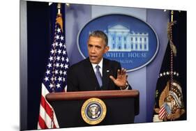 President Barack Obama at a News Conference, Brady Press Briefing Room-Dennis Brack-Mounted Premium Photographic Print
