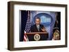 President Barack Obama at a News Conference, Brady Press Briefing Room-Dennis Brack-Framed Photographic Print