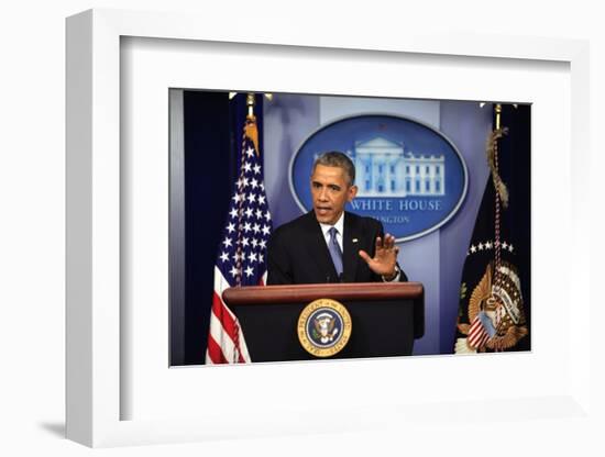 President Barack Obama at a News Conference, Brady Press Briefing Room-Dennis Brack-Framed Photographic Print