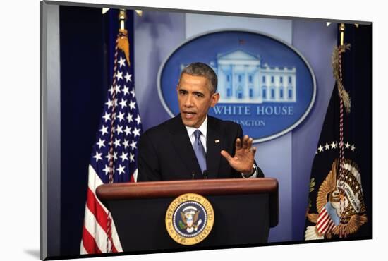 President Barack Obama at a News Conference, Brady Press Briefing Room-Dennis Brack-Mounted Photographic Print