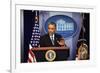 President Barack Obama at a News Conference, Brady Press Briefing Room-Dennis Brack-Framed Photographic Print