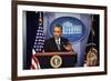 President Barack Obama at a News Conference, Brady Press Briefing Room-Dennis Brack-Framed Photographic Print