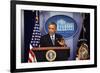 President Barack Obama at a News Conference, Brady Press Briefing Room-Dennis Brack-Framed Photographic Print