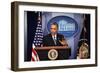 President Barack Obama at a News Conference, Brady Press Briefing Room-Dennis Brack-Framed Photographic Print