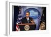 President Barack Obama at a News Conference, Brady Press Briefing Room-Dennis Brack-Framed Photographic Print