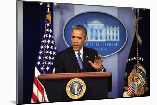 President Barack Obama at a News Conference, Brady Press Briefing Room-Dennis Brack-Mounted Photographic Print