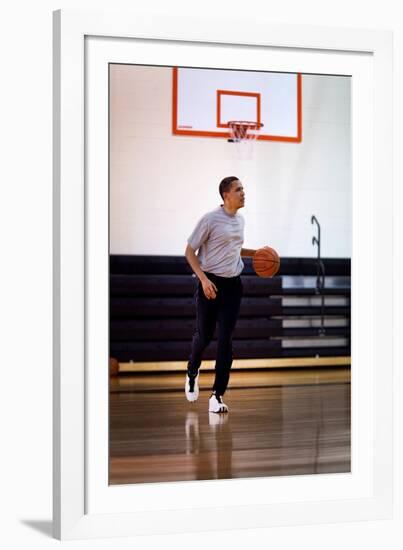 President Barack Obama Dribbles the Basketball at Fort Mcnair in Washington D.C. on May 9, 2009-null-Framed Photo