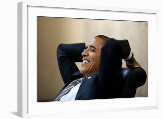 President Barack Obama Has a Relaxed Moment in a Meeting in the White House Situation Room-null-Framed Photo