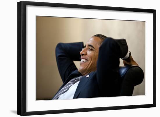 President Barack Obama Has a Relaxed Moment in a Meeting in the White House Situation Room-null-Framed Photo