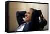 President Barack Obama Has a Relaxed Moment in a Meeting in the White House Situation Room-null-Framed Stretched Canvas