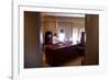 President Barack Obama Holds a Conference Call with Advisors from His Office Aboard Air Force One-null-Framed Photo