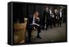 President Barack Obama Reviews Notes as His Staff Waits before an Event in Denver, Colorado-null-Framed Stretched Canvas
