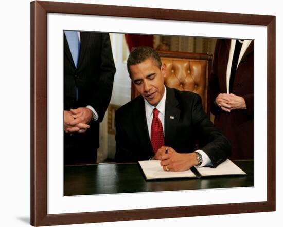 President Barack Obama Signs His First Act as President in the President's Room, January 20, 2009-null-Framed Photographic Print