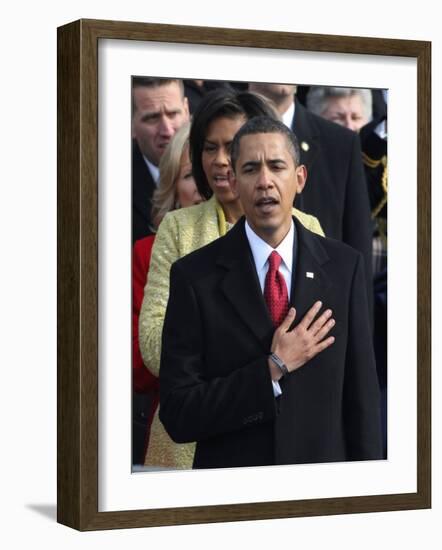 President Barack Obama Sings the National Anthem at the Swearing-In Ceremonies, January 20, 2009-null-Framed Photographic Print