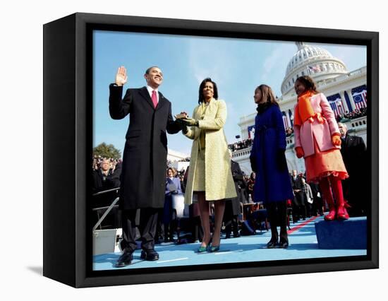 President Barack Obama Takes the Oath of Office with Wife Michelle and Daughters, Sasha and Malia-null-Framed Stretched Canvas