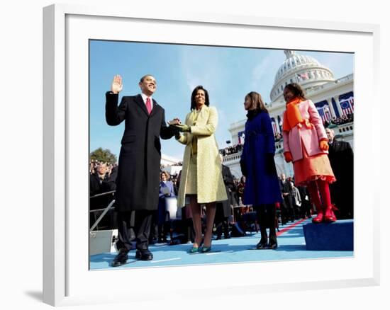 President Barack Obama Takes the Oath of Office with Wife Michelle and Daughters, Sasha and Malia-null-Framed Photographic Print