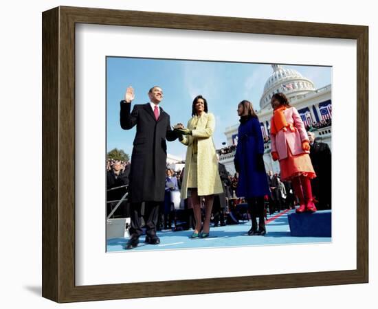 President Barack Obama Takes the Oath of Office with Wife Michelle and Daughters, Sasha and Malia-null-Framed Photographic Print