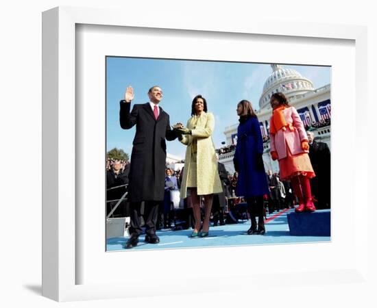 President Barack Obama Takes the Oath of Office with Wife Michelle and Daughters, Sasha and Malia-null-Framed Photographic Print