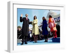 President Barack Obama Takes the Oath of Office with Wife Michelle and Daughters, Sasha and Malia-null-Framed Photographic Print