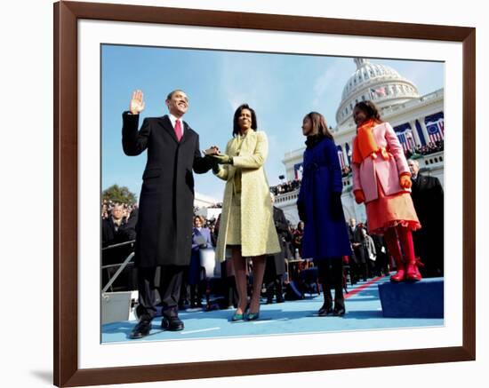 President Barack Obama Takes the Oath of Office with Wife Michelle and Daughters, Sasha and Malia-null-Framed Photographic Print