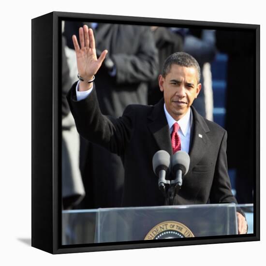 President Barack Obama Waves Before His Inaugural Address, Washington DC, January 20, 2009-null-Framed Stretched Canvas