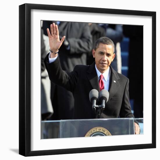 President Barack Obama Waves Before His Inaugural Address, Washington DC, January 20, 2009-null-Framed Premium Photographic Print