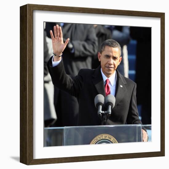 President Barack Obama Waves Before His Inaugural Address, Washington DC, January 20, 2009-null-Framed Photographic Print