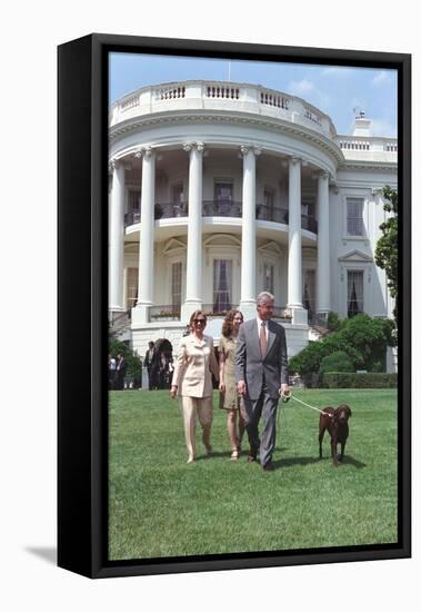 President Bill Clinton, Hillary and Chelsea Clinton, and Buddy the Dog on the South Lawn-null-Framed Stretched Canvas