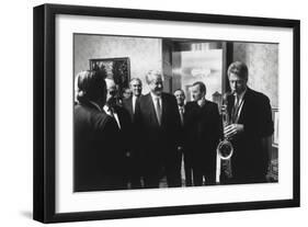 President Bill Clinton Plays the Saxophone Presented to Him by Russian President Boris Yeltsin-null-Framed Premium Photographic Print