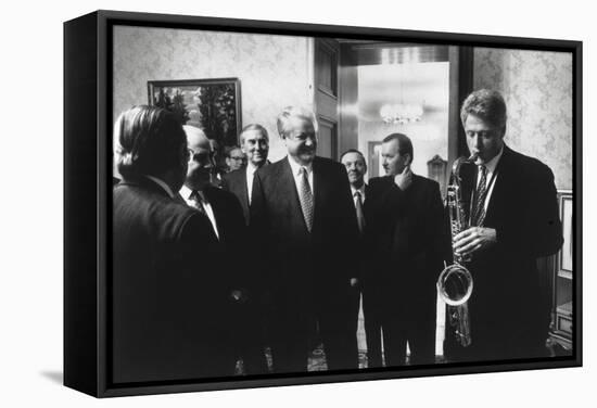 President Bill Clinton Plays the Saxophone Presented to Him by Russian President Boris Yeltsin-null-Framed Stretched Canvas