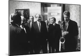 President Bill Clinton Plays the Saxophone Presented to Him by Russian President Boris Yeltsin-null-Mounted Photo