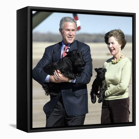 President Bush and First Lady, Laura, Carry Their Dogs-null-Framed Stretched Canvas