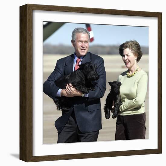 President Bush and First Lady, Laura, Carry Their Dogs-null-Framed Photographic Print