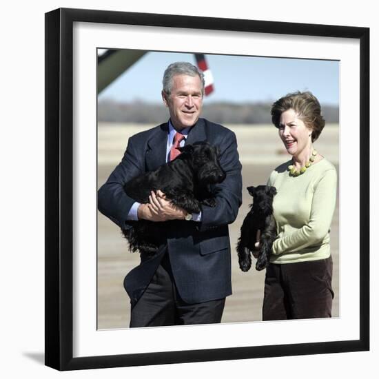 President Bush and First Lady, Laura, Carry Their Dogs-null-Framed Photographic Print