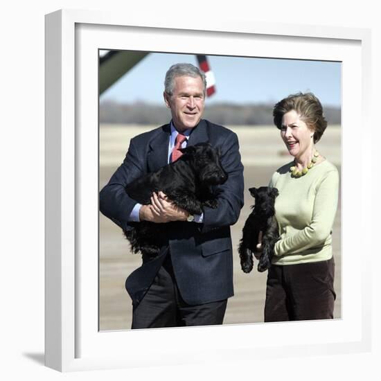 President Bush and First Lady, Laura, Carry Their Dogs-null-Framed Photographic Print