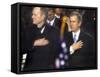 President Bush and His Father, Former President Bush, Put Their Hand Over Their Hearts-null-Framed Stretched Canvas