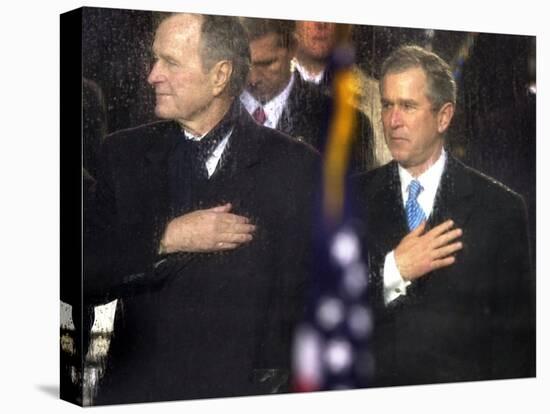President Bush and His Father, Former President Bush, Put Their Hand Over Their Hearts-null-Stretched Canvas