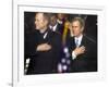 President Bush and His Father, Former President Bush, Put Their Hand Over Their Hearts-null-Framed Photographic Print