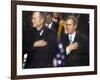 President Bush and His Father, Former President Bush, Put Their Hand Over Their Hearts-null-Framed Photographic Print