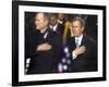 President Bush and His Father, Former President Bush, Put Their Hand Over Their Hearts-null-Framed Photographic Print