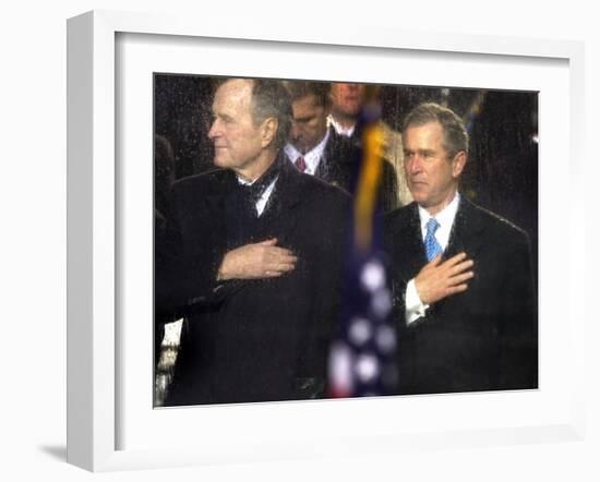 President Bush and His Father, Former President Bush, Put Their Hand Over Their Hearts-null-Framed Photographic Print