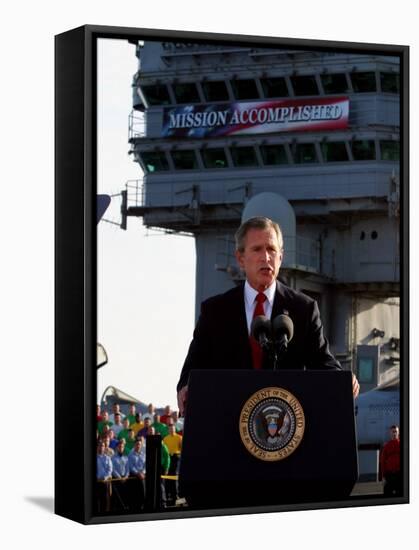 President Bush Declares the End of Major Combat in Iraq as He Speaks Aboard the Aircraft Carrier-null-Framed Stretched Canvas