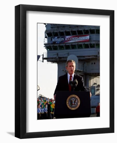 President Bush Declares the End of Major Combat in Iraq as He Speaks Aboard the Aircraft Carrier-null-Framed Premium Photographic Print