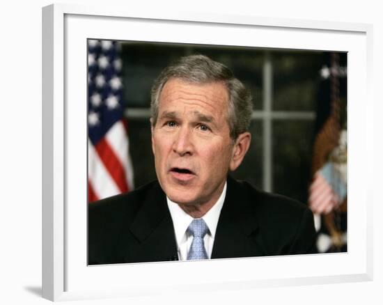 President Bush Delivers a Portion of His Speech for a Second Time for Assembled News Photographers-null-Framed Photographic Print