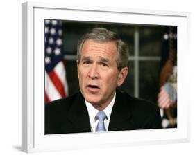 President Bush Delivers a Portion of His Speech for a Second Time for Assembled News Photographers-null-Framed Photographic Print