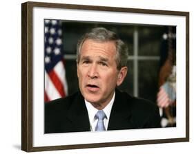 President Bush Delivers a Portion of His Speech for a Second Time for Assembled News Photographers-null-Framed Photographic Print